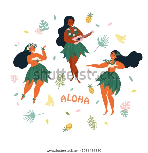 Three hawaiian girls are dancing and playing\
ukulele guitar. Aloha text. Greeting card. Hawaiian holidays poster\
with hula girl dancers with lei on the neck and in traditional\
costumes. Vector cartoon