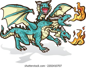 Three Head Green Dragon Monster Beast Color Vector Illustration