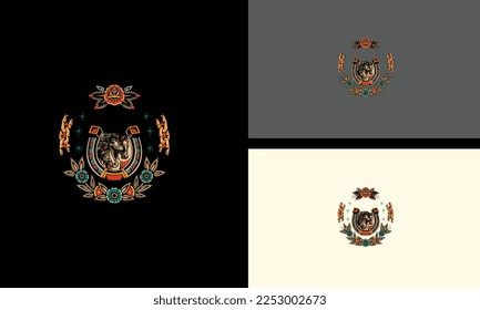 three head horse and flowers vector mascot design