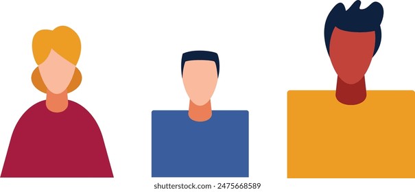 Three head shoulders portraits display diverse individuals. Simplistic flat design presents character illustrations. Isolated white background emphasizes individual colored clothing blocks