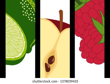 Three headband height containing illustrations of lime, apple and raspberry, three fruits framed in close-ups.