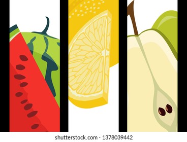 Three headband height containing illustrations of watermelon, lemon and pear, three fruits framed in close-ups.