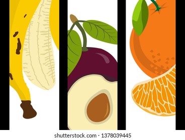 Three headband height containing illustrations of banana, plum and mandarin, three fruits framed in close-ups.