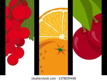 Three headband height containing illustrations of currants, oranges and cherries, three fruits framed in close-ups.