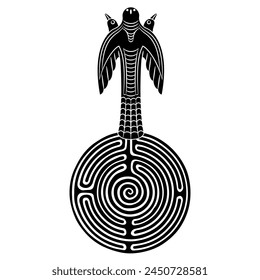 Three headed bird standing on a round spiral maze or labyrinth symbol. Ancient Siberian totem. Mythological symbol. Permian animal style. Black and white silhouette.