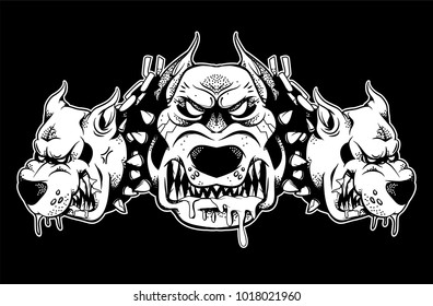 Three headed Cerberus dog that shows their big teeth and growls. Black white design illustration modern vector style character for print isolated white background.