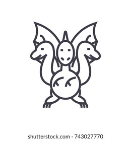 three headed dragon  concept vector thin line icon, symbol, sign, illustration on isolated background