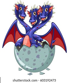 Three headed dragon in grey egg illustration