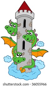 Three headed dragon with tower - vector illustration.