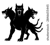 Three Headed Hellhound Cerberus Snarling Dog Halloween Black Silhouette Vector