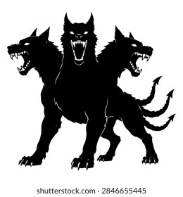 Three Headed Hellhound Cerberus Snarling Dog Halloween Black Silhouette Vector
