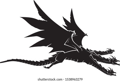 Three Headed Mythical Black Dragon, Side View