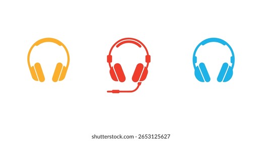 Three headphone icons in different colors presented on a white background yellow, red with a microphone, and blue, neatly isolated in the arrangement.