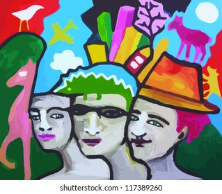 three heads with nature background