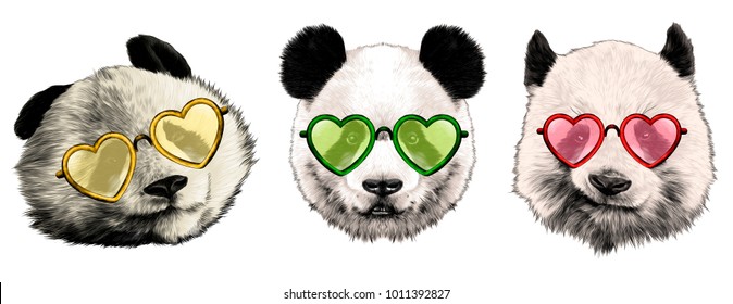 three heads are pandas different emotions with glasses lovers sketch vector graphics color picture