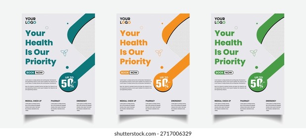 Drei gesundheitliche Prioritätsflyer-Vorlagen mit bunten Designs auf weißem Hintergrund