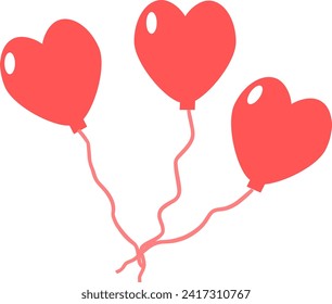 Three heart balloons on strings. Vector illustration for design, birthday cards, Valentine's day.