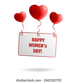 three heart balloons raise a postcard with the inscription of a happy women's day isolated