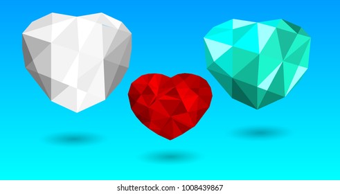 Three heart color object is isolated with blue background, low poly effect design vector art and illustration, Valentine's day concept.