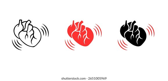 Three heart designs in red, black, and outline styles depict motion through dynamic vibration lines.