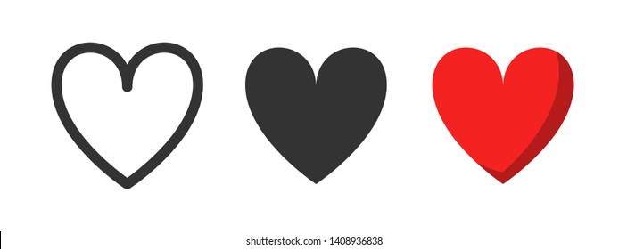 Three heart icons in different style: line, black and red flat. Vector romantic decorative elements isolated on white background for wedding card, valentine's day symbol, web design, like button.
