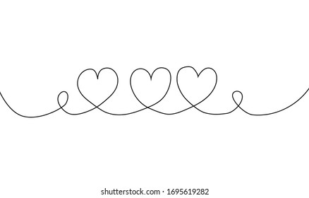 three heart line draw on white isolated background. Continuous one line drawing