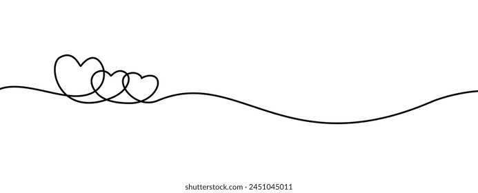 Three heart line draw on white isolated background. Continuous one line drawing of heart. Human falling in love concept. Vector illustration.