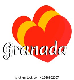 Three heart shape elements with colors of  national flag of Spain (Europe) with inscription of city name: Granada in modern style. Simple logo for souvenirs, t-shirts. Vector EPS10 illustration.