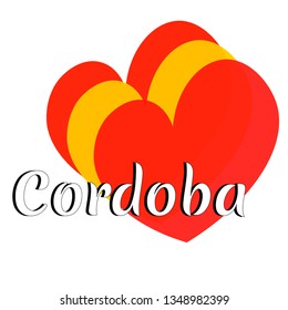 Three heart shape elements with colors of  national flag of Spain (Europe) with inscription of city name: Cordoba in modern style. Simple logo for souvenirs, t-shirts. Vector EPS10 illustration.