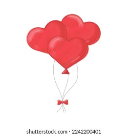 Three heart shaped balloons isolated on white background, watercolor effect, vector illustration. St valentine's day