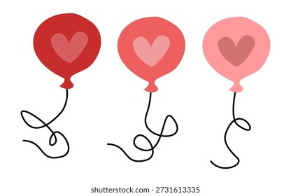 Drei herzförmige Ballons in sanften Rot- und Rosa-Tönen mit lockigen Saiten, die eine fröhliche romantische Illustration schaffen, die perfekt für Valentinstag-Themen und Feier-Designs geeignet ist.