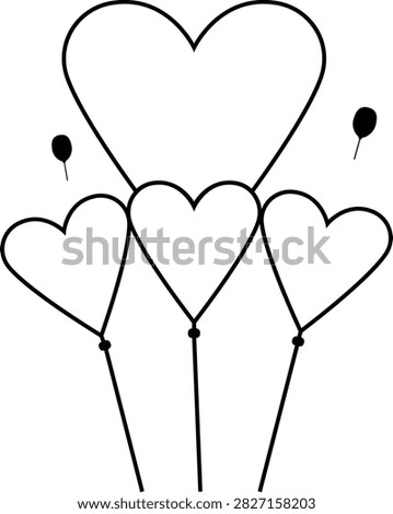 Three heart shaped balloons with strings and small floating balloons, romantic love themed vector illustration isolated on white background.