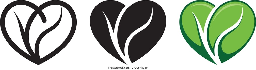 Tres iconos de hojas en forma de corazón en forma de contorno sólido negro y estilos verdes vibrantes que transmiten el concepto de la naturaleza aman los productos orgánicos y la vida saludable