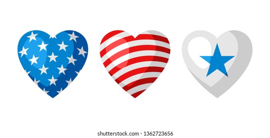 Three heart shapes in American Flag colors. Isolated on white background.