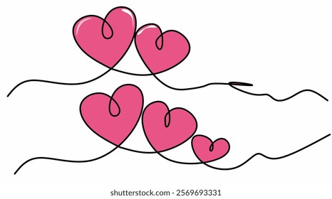 Three heart shapes with a continuous line. Love and family concept. The romantic symbol for valentines card.

