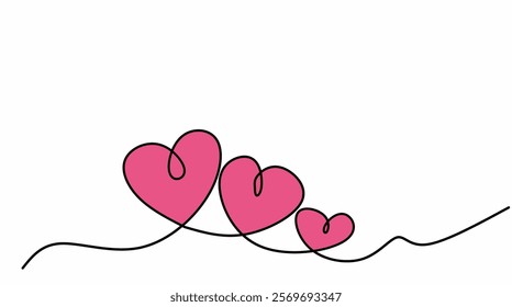 Three heart shapes with a continuous line. Love and family concept. The romantic symbol for valentines card.

