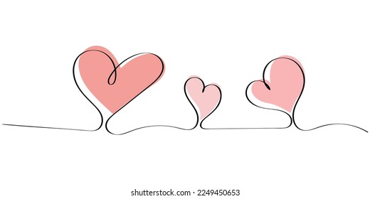 Three heart shapes is drawn with a continuous line. Love and family concept. Minimalistic illustration