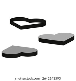 Three heart shapes. Grey romantic symbols. Isometric vector forms. Love theme design.