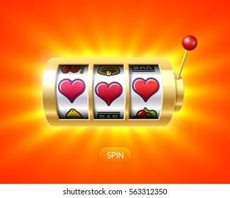 Three heart symbols on gold slot machine, Valentines Day concept, vector illustration