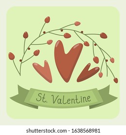 Three hearts of arbitrary shape on Valentine's Day with an ornament of leaves and berries, with the inscription.	