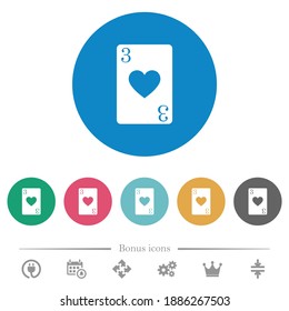 Three of hearts card flat white icons on round color backgrounds. 6 bonus icons included.