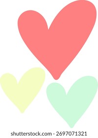 Tres corazones en un arreglo limpio, con un audaz corazón rojo y sutiles acentos pastel.