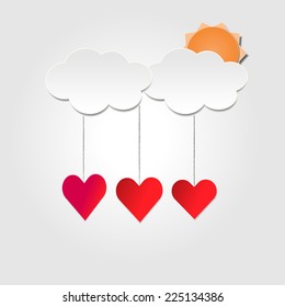 Three hearts with cloud and sun in paper cut background