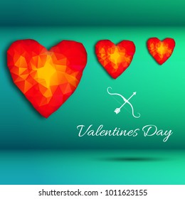 Three hearts composition with gradient hearts in different sizes on green background vector illustration