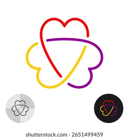 Three hearts connected in a single shape logo. Interweave knot style thin color lines symbol. Love and unity simple icon. Editable stroke.