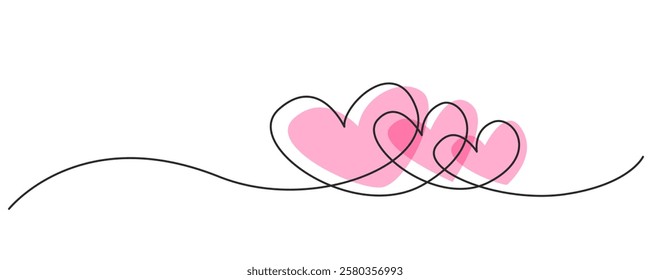 Three hearts continuous line drawing. Valentines day concept. Heart couple line hand drawn doodle style. Vector editable line