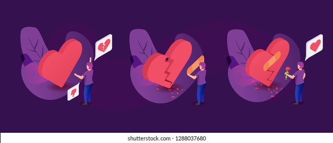 Three hearts in a different emotional state. Vector illustration made in isometric view.