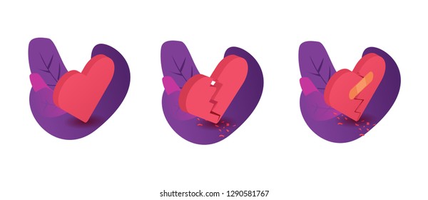 Three hearts in a different emotional state. Vector illustration made in isometric view.