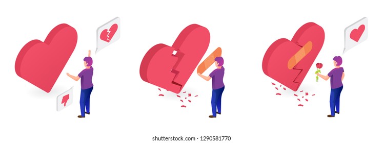 Three hearts in a different emotional state. Vector illustration made in isometric view.