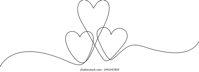 Tres corazones abrazándose. El concepto de amor. Dibujo continuo de líneas. Arte minimalista moderno.